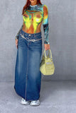 hulianfu Gradient Urban High Split Denim Skirt