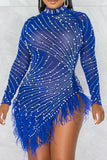 hulianfu Rhinestone & Beaded Decor Striking Tassel Irregular See-Through Mini Dress
