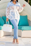 hulianfu Denim Patchwork Oriental Mesh Floral Embroidery Lace-Up Blouse