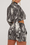 hulianfu Abstract Print Retro Zipper Irregular Skirt Suit