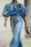 hulianfu Gradient Denim Cute Lace-Up Blouse