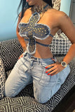 hulianfu Rivet Design Unique Irregular Denim Camisole