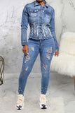 hulianfu Beaded Decor Girly Burrs Denim Coat