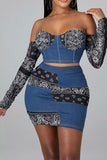 hulianfu Paisley Patchwork Bandeau Romantic Denim Dress Suit