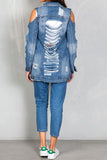 hulianfu Ripped Cold Shoulder Urban Gradient Denim Coat
