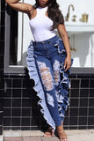 hulianfu Solid Color Chic Denim Hollow Out Jeans