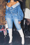 hulianfu Patchwork Off Shoulder Versatile Denim Jacket