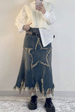 hulianfu Star Applique Tassel Chic Irregular Denim Skirt
