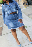 hulianfu Beaded Decor Elegant Ripped Denim Dress Suit