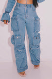 hulianfu Solid Color Cool Multi Pocket Wide Leg Jeans