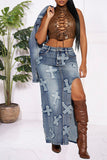 hulianfu Cross Applique On-trend High Split Washed Denim Dress Suit