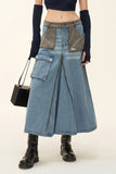 hulianfu Hit Color Stylish Multi Pocket Zipper Denim Skirt
