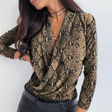 Hulianfu OL Women Long Sleeve Deep V-neck Shirt Blouses Tops Sexy Criss-cross Snake Skin Shirt Work Business Formal Shirt Outwear Fall