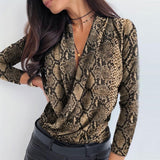 Hulianfu OL Women Long Sleeve Deep V-neck Shirt Blouses Tops Sexy Criss-cross Snake Skin Shirt Work Business Formal Shirt Outwear Fall