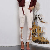 Women's Pants Streetear New Suede Leather Pencil Pants Lace Up Cut Out Trousers For Women Sexy Bandage Legging Pants