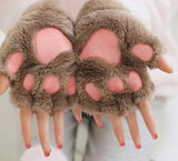 HULIANFU New Women Cute Cat Claw Paw Plush Mittens Warm Soft Plush Short Fingerless Fluffy Bear Cat Gloves Costume Half Finger Party Gift