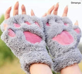 HULIANFU New Women Cute Cat Claw Paw Plush Mittens Warm Soft Plush Short Fingerless Fluffy Bear Cat Gloves Costume Half Finger Party Gift