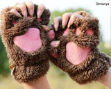 HULIANFU New Women Cute Cat Claw Paw Plush Mittens Warm Soft Plush Short Fingerless Fluffy Bear Cat Gloves Costume Half Finger Party Gift