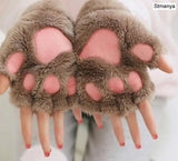 HULIANFU New Women Cute Cat Claw Paw Plush Mittens Warm Soft Plush Short Fingerless Fluffy Bear Cat Gloves Costume Half Finger Party Gift
