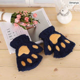 HULIANFU New Women Cute Cat Claw Paw Plush Mittens Warm Soft Plush Short Fingerless Fluffy Bear Cat Gloves Costume Half Finger Party Gift