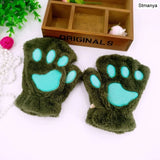 HULIANFU New Women Cute Cat Claw Paw Plush Mittens Warm Soft Plush Short Fingerless Fluffy Bear Cat Gloves Costume Half Finger Party Gift