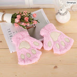 HULIANFU New Women Cute Cat Claw Paw Plush Mittens Warm Soft Plush Short Fingerless Fluffy Bear Cat Gloves Costume Half Finger Party Gift