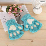 HULIANFU New Women Cute Cat Claw Paw Plush Mittens Warm Soft Plush Short Fingerless Fluffy Bear Cat Gloves Costume Half Finger Party Gift