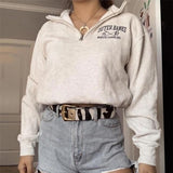 Luxury Thick Gray Zipper Letter Print Oversized winter warm Sweatshirt Women  Long Sleeve Pullovers Plus Size Elegant British