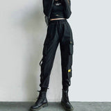 hulianfu Streetwear Cargo Pants Women Casual Joggers Black High Waist Loose Female Trousers Korean Style Ribbon Ladies Pants Dropshipping