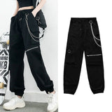 hulianfu Streetwear Cargo Pants Women Casual Joggers Black High Waist Loose Female Trousers Korean Style Ribbon Ladies Pants Dropshipping