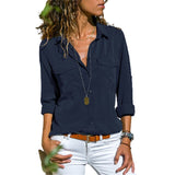 Autumn Woman Pocket Office Blouse Plus Size Lapel Long Sleeve Slim Buttons Shirt Ladies Black Pink Femininas Tops S-5XL