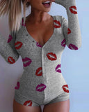 Hulianfu Spring New Women Knitted  Romper Homewear Cute Deep V-Neck Long-Sleeved Pajamas Female Star Pattern Button Jumpsuit