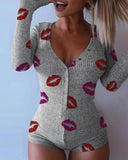 Hulianfu Spring New Women Knitted  Romper Homewear Cute Deep V-Neck Long-Sleeved Pajamas Female Star Pattern Button Jumpsuit