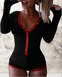 Hulianfu Spring New Women Knitted  Romper Homewear Cute Deep V-Neck Long-Sleeved Pajamas Female Star Pattern Button Jumpsuit