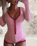 Hulianfu Spring New Women Knitted  Romper Homewear Cute Deep V-Neck Long-Sleeved Pajamas Female Star Pattern Button Jumpsuit