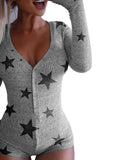 Hulianfu Spring New Women Knitted  Romper Homewear Cute Deep V-Neck Long-Sleeved Pajamas Female Star Pattern Button Jumpsuit