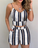 Fashion Women Shorts Suits 2Pieces Sets Summer Office Lady Floral Strap Tank Crop Top+High Waist Button Shorts Female Outfits