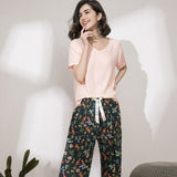 Breathable 2PCS Pajama Short Sleeve Printed Pijama Mujer Femme Loose Nightwear Suit Female Casual Homewear Pajama Set For Women