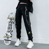 hulianfu Streetwear Cargo Pants Women Casual Joggers Black High Waist Loose Female Trousers Korean Style Ribbon Ladies Pants Dropshipping