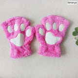 HULIANFU New Women Cute Cat Claw Paw Plush Mittens Warm Soft Plush Short Fingerless Fluffy Bear Cat Gloves Costume Half Finger Party Gift