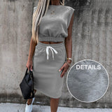 Women Set With Skirt Solid Slim Ladies Skirts Suit Sleeveless Sweatshirt Crop Tops And Split Lace Up Bottom  Summer Fashion