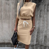 Women Set With Skirt Solid Slim Ladies Skirts Suit Sleeveless Sweatshirt Crop Tops And Split Lace Up Bottom  Summer Fashion