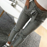 Hulianfu Women Pants Fashion Plaid Pleated High Waist Skinny Pencil Pants Trousers with Sash Slim Casual Fashion Outwear