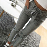 Hulianfu Women Pants Fashion Plaid Pleated High Waist Skinny Pencil Pants Trousers with Sash Slim Casual Fashion Outwear