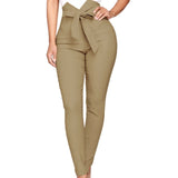 Hulianfu Women Pants Fashion Plaid Pleated High Waist Skinny Pencil Pants Trousers with Sash Slim Casual Fashion Outwear