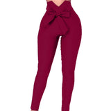 Hulianfu Women Pants Fashion Plaid Pleated High Waist Skinny Pencil Pants Trousers with Sash Slim Casual Fashion Outwear