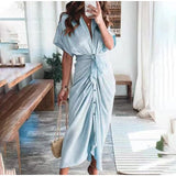 hulianfu Women Summer Elegant Button Ruched Bandage Shirt Dress Fashion Casual Short Sleeve Solid V Neck Beach Maxi Dress