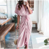hulianfu Women Summer Elegant Button Ruched Bandage Shirt Dress Fashion Casual Short Sleeve Solid V Neck Beach Maxi Dress