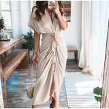 hulianfu Women Summer Elegant Button Ruched Bandage Shirt Dress Fashion Casual Short Sleeve Solid V Neck Beach Maxi Dress