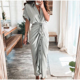 hulianfu Women Summer Elegant Button Ruched Bandage Shirt Dress Fashion Casual Short Sleeve Solid V Neck Beach Maxi Dress